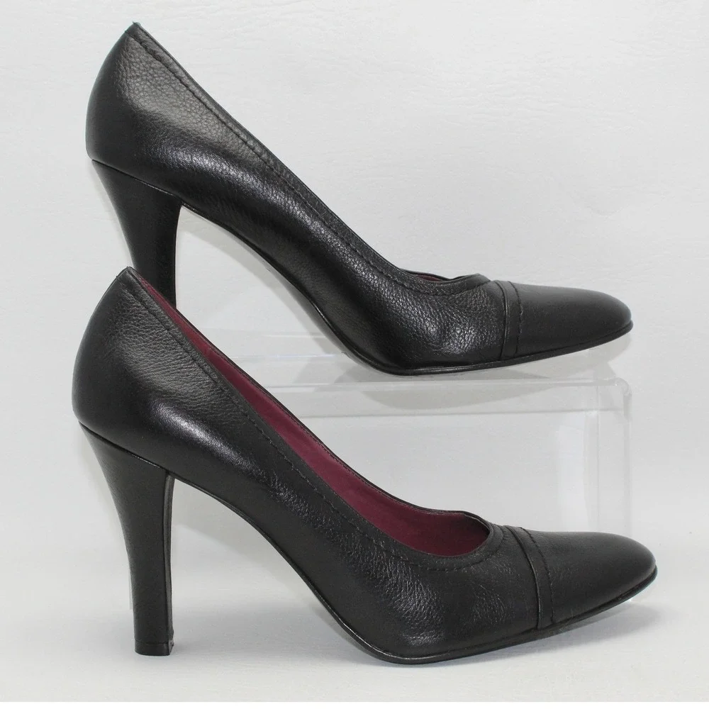 Antonio Melani Womens Black Leather Almond Cap Toe Pumps Heels‎ Size 8.5 M